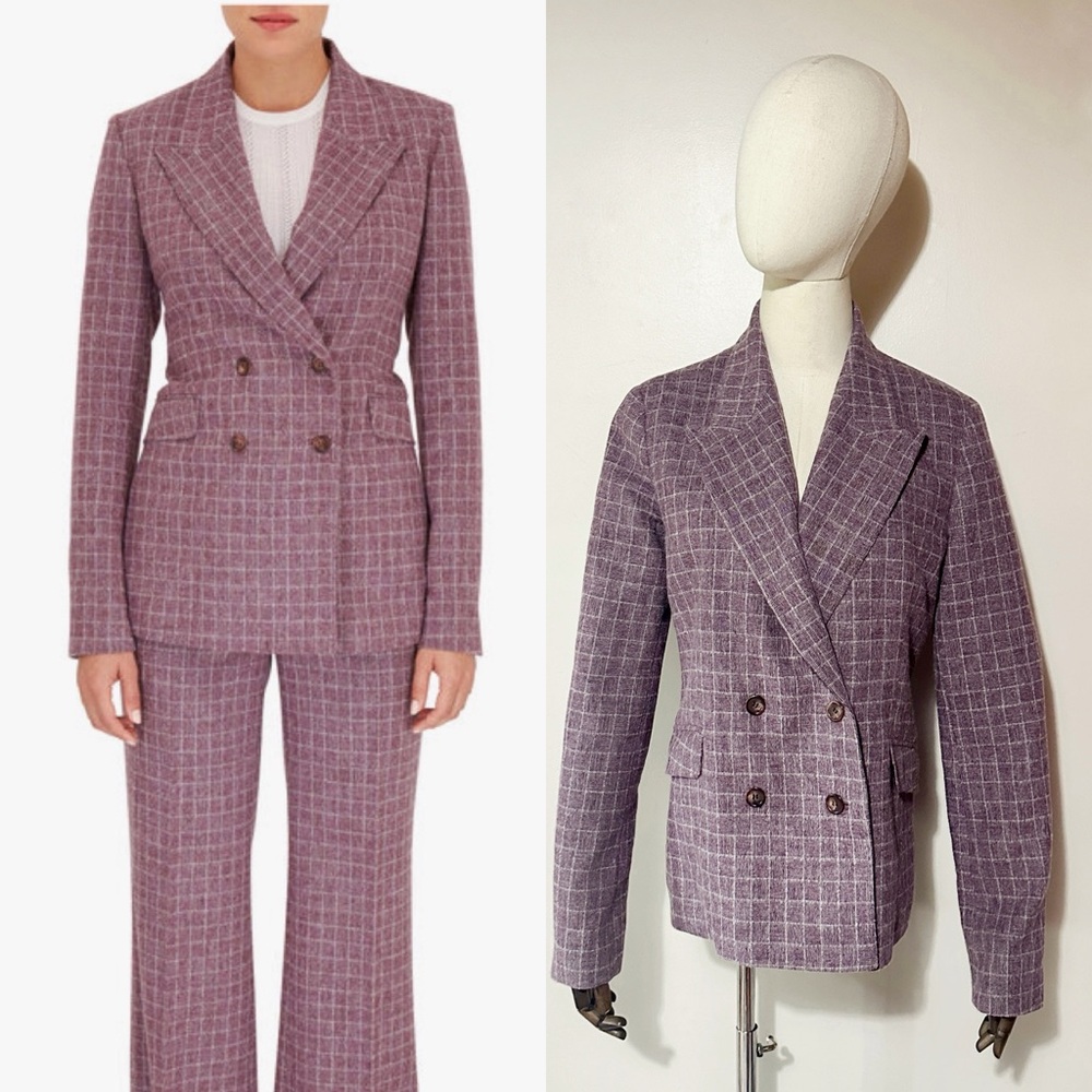 Gabriela Hearst “Angela” check wool double-breasted blazer in mulberry